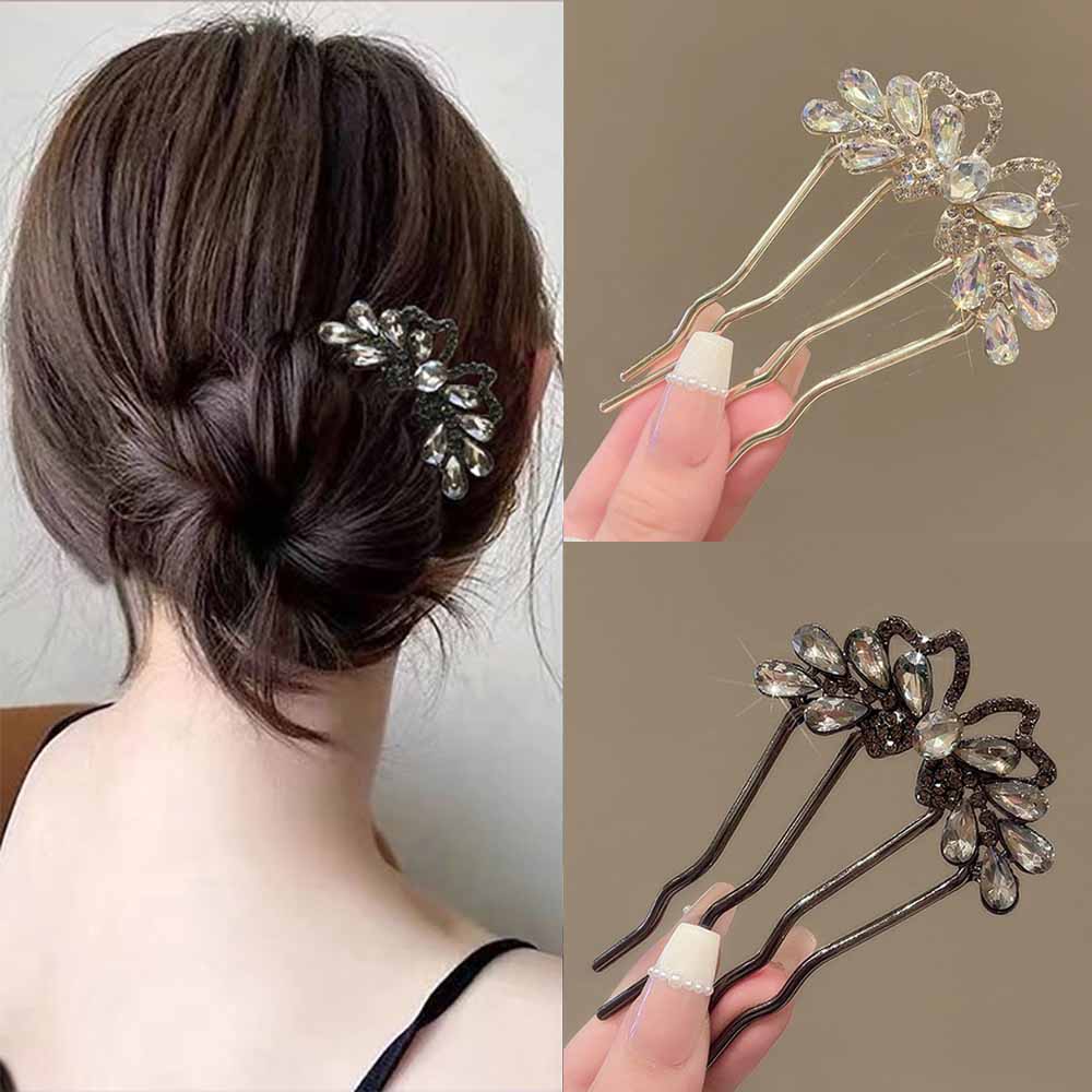 Hanbok Hair Pin - Fashion Rhinestones U-Shaped Hair Sticks Butterfly